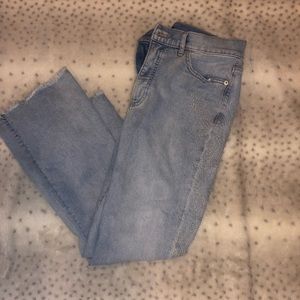 High Waisted Light Wash Raw Hem Flare Jeans